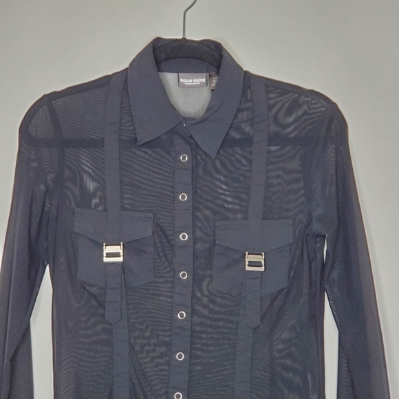 Bisou Bisou Sheer Black Top Size M Snap Front Buckle Pocket Shirt Cyber Goth - Picture 3 of 13